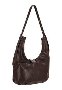 Geantă hobo din piele maro cu formă lejeră, accesorii argintii și închidere cu fermoar. Dispune de o singură curea de umăr reglabilă.