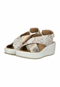 Dámské platformové sandály s hadím vzorem v odstínech krému a zlata, s křížovými popruhy a bílou klínovou podrážkou.
