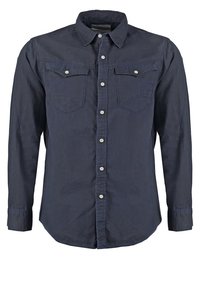 Marineblaues Langarmhemd aus Baumwolle, mit einem Button-Down-Kragen, zwei Brusttaschen und silberfarbenen Knöpfen mit glatter Textur.