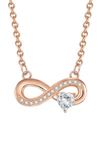Rose gold uendelighedskæde med en hjerteformet diamantvedhæng, pyntet med små klare sten langs uendelighedssymbolet.