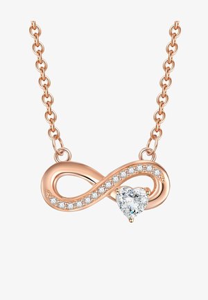 Rose gold uendelighedskæde med en hjerteformet diamantvedhæng, pyntet med små klare sten langs uendelighedssymbolet.