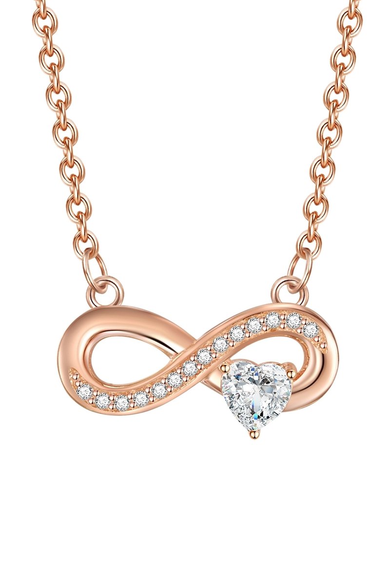 Rose gold uendelighedskæde med en hjerteformet diamantvedhæng, pyntet med små klare sten langs uendelighedssymbolet.