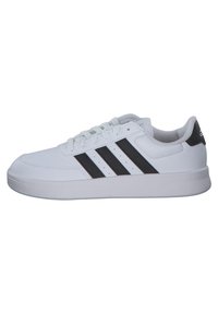 White athletic shoes with a smooth finish, featuring three black stripes on the side, a cushioned sole, and lace-up design.