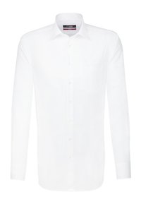 Witte button-up shirt met lange mouwen, een puntige kraag, een enkele borstzak en subtiele textuur. Gemaakt van lichte stof.