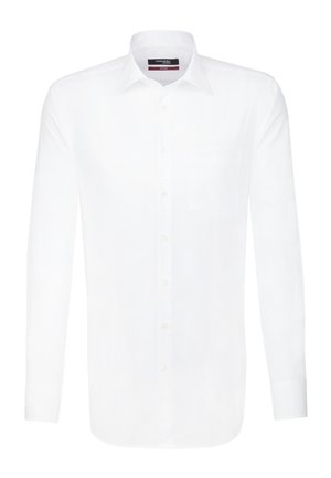 Langärmliges weißes Hemd aus glattem Stoff mit einem Knopfkragen, einer Brusttasche und einer Knopfleiste mit hellen Knöpfen.