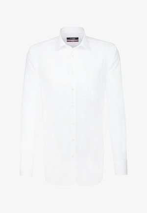 Langärmliges weißes Hemd aus glattem Stoff mit einem Knopfkragen, einer Brusttasche und einer Knopfleiste mit hellen Knöpfen.