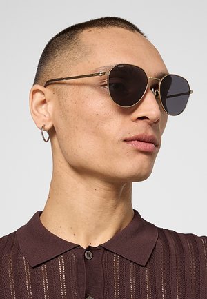 Persona con capelli corti che indossa occhiali da sole rotondi scuri, orecchino a cerchio d'argento e camicia marrone con bottoni e righe verticali.