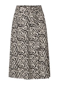 Knielange rok van lichtgewicht stof met een zwart en crèmekleurig abstract patroon, met een strik taille en zijzakken.