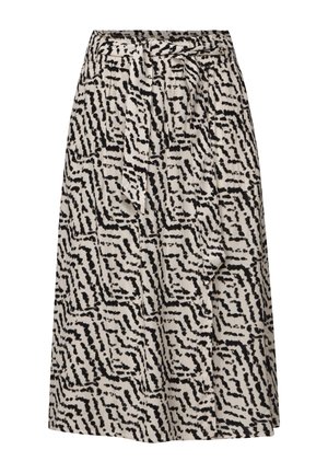 Knee-length skirt in lightweight fabric featuring a black and cream abstract pattern, with a tie waist and side pockets.