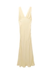 Robe sans manches jaune avec un décolleté en V profond, silhouette fluide et tissu doux et lisse. Présente des détails froncés aux épaules.