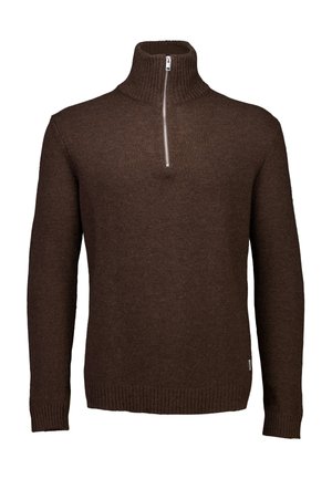 Brun langærmet strikket sweater med høj ribstrikket krave og halv lynlås foran.