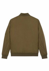 Olivově zelená bomber bunda s vroubkovaným límcem, manžetami a lemem, zobrazená zezadu, s dlouhými rukávy a hladkým textilním povrchem.