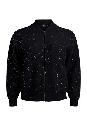 Črn kardigan z zadrgo spredaj, okrašen z belimi pikanji, rebrastimi manšeti in robom. Narejen iz mehke tkanine, ki nudi sproščen fit.