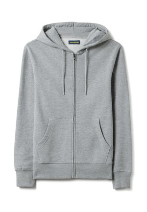 Lichtgrijze hoodie met rits, voorzakken, capuchon met trekkoord, geribbelde mouwen en een "essentials" label binnenin de kraag.