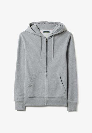 Lichtgrijze hoodie met rits, voorzakken, capuchon met trekkoord, geribbelde mouwen en een "essentials" label binnenin de kraag.