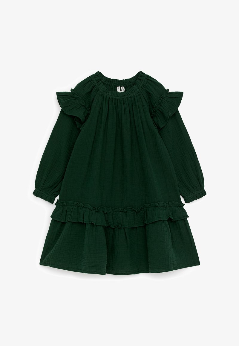 Robe bébé manches longues vert foncé avec détails à volants aux épaules et volants superposés près de l'ourlet, dotée d'un col froncé.