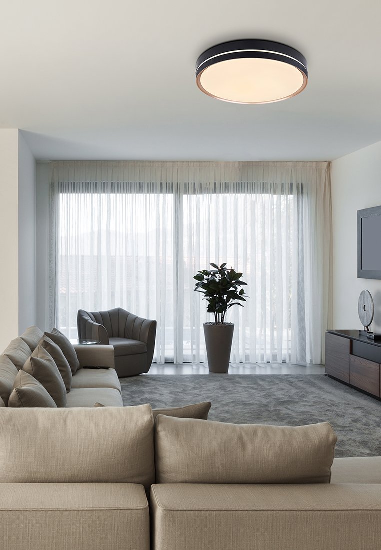 Deckenleuchte mit einem schwarzen Metallrand und einer satinierten Glasmitte. Weiches beige Sofa mit quadratischen Kissen und strukturiertem Bezug in einem modernen Wohnzimmer.