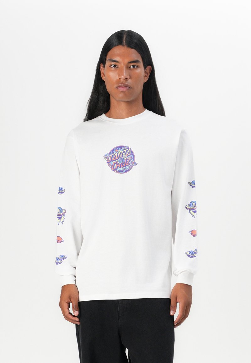 White long-sleeve t-shirt featuring a colorful "Santa Cruz" graphic at the center and whimsical planet designs on both sleeves.