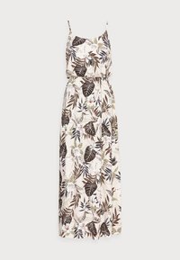 Maxi šaty s tenkými ramínky; lehká tkanina s květinovým vzorem v odstínech hnědé, zelené a růžové, s elastickým pasem.