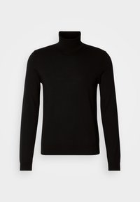 Schwarzer Rollkragenpullover aus weichem, geripptem Stoff. Verfügt über lange Ärmel und eine figurbetonte Passform mit hohem Kragen für Wärme.