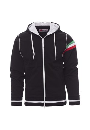Sweat à capuche noir zippé avec intérieur blanc, cordons blancs et bande colorée (verte et rouge) sur l'épaule. Poignets et ourlet côtelés.