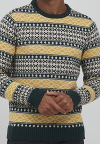 Strickpullover mit einem Fair-Isle-Muster in Creme, Senfgelb, Dunkelgrün und Schwarz. Ribbelbündchen und Saum. Klassisches Rundhalsdesign.