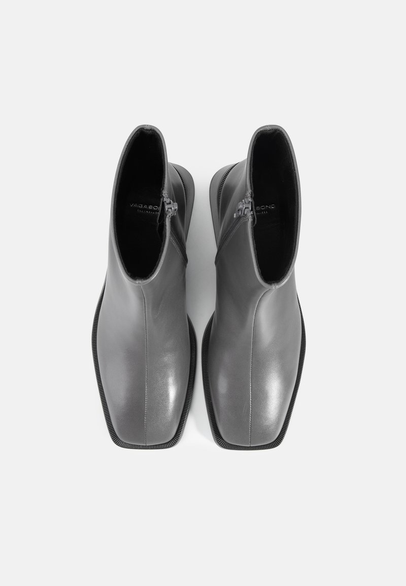 Gray leather ankle boots with a smooth finish, a square toe, and a side zipper, featuring a black rubber sole and minimal design.