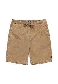 Shorts in corduroy color sabbia con vita elastica e cordino, dotati di tasche laterali e un piccolo logo in basso a sinistra.