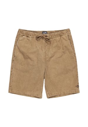Shorts in corduroy color sabbia con vita elastica e cordino, dotati di tasche laterali e un piccolo logo in basso a sinistra.