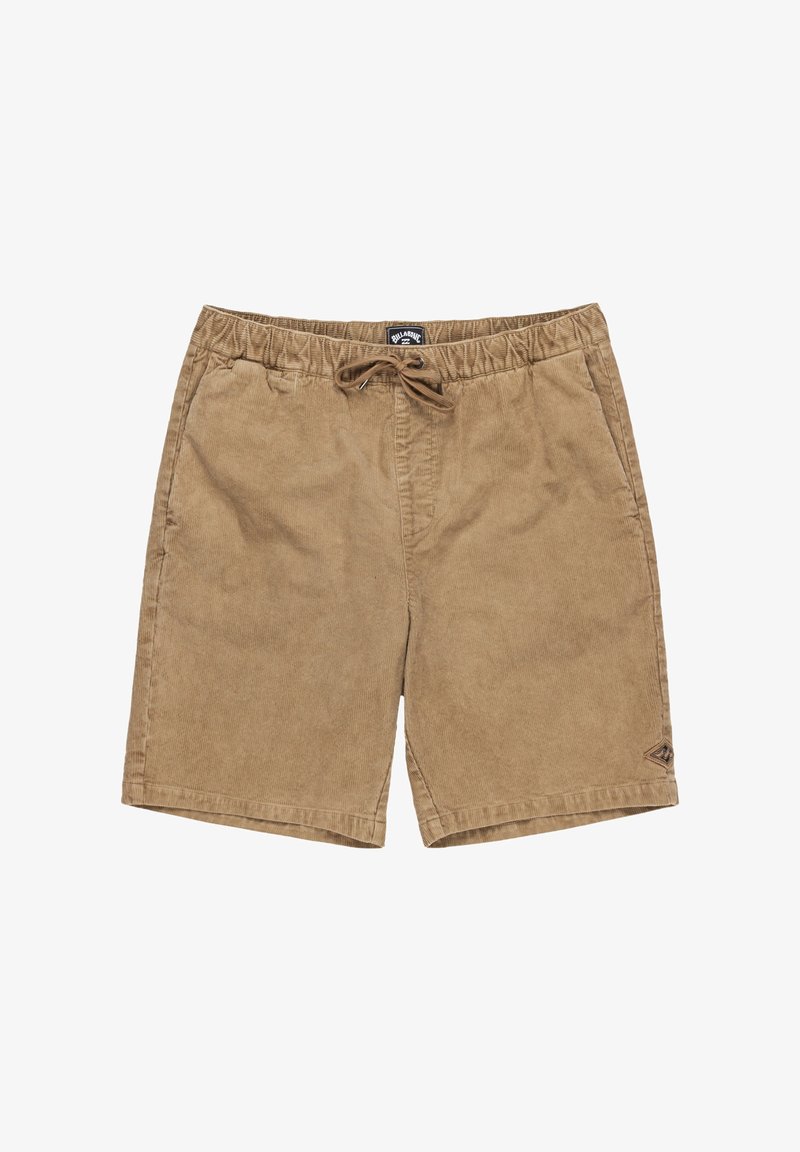 Tan corduroy shorts with an elastic waistband and drawstring, featuring side pockets and a small logo on the bottom left.