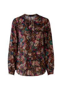Blouse à manches longues et col rond avec un motif floral multicolore dans des tons de marron, rose, bleu canard et rouge sur fond noir.