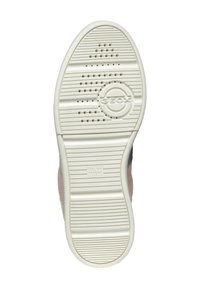 Suola della scarpa con una base in gomma bianca caratterizzata da scanalature a zig zag, logo GEOX circolare e fori per la traspirabilità. Accenti rosa chiaro e grigi.