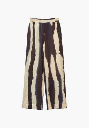 Weit geschnittene Hosen aus einem Stoff mit hellem Creme-Hintergrund, der mit kräftigen braunen und blauen Batikstreifen versehen ist. Elastischer Taillenbund mit Seitentaschen.