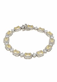 Silver bracelet featuring rectangular yellow stones and round clear stones, set with sparkling accents, arranged in a linked design.