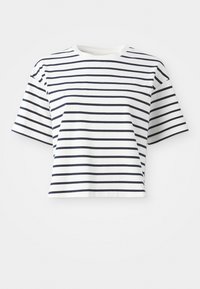 Short-sleeve, cropped t-shirt in white fabric with navy horizontal stripes. Features a rounded neckline and relaxed fit.