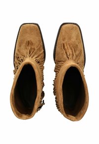 Ein Paar braune Suede-Ankle-Boots mit quadratischen Zehen und Fransenverzierungen an den Seiten und vorne, von oben betrachtet.