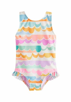 Maillot de bain une pièce multicolore avec un motif de vagues en teintes pastel, doté d'un accent volant au niveau des ouvertures de jambe et d'un design de débardeur.