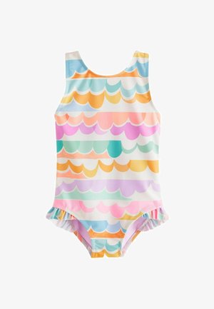 Multicolored one-piece swimsuit with a wave pattern in pastel shades, featuring a ruffled accent at the leg openings and a tank top design.