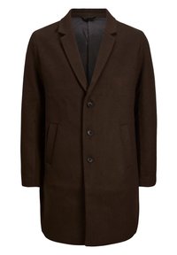 Cappotto marrone in misto lana con design monopetto, rever con intaglio, tre bottoni e tasche laterali. Fodera interna liscia di colore nero.