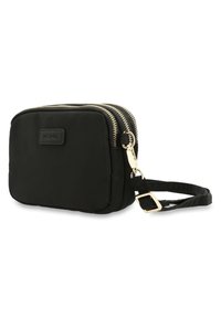 Borsa a tracolla nera in nylon con doppia zip dorata, tracolla staccabile e un patch testurizzato sul davanti con il nome del marchio.