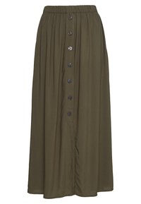 Olijfgroene maxi-rok met een elastische tailleband en zeven donkere knopen aan de voorkant. Glad, lichtgewicht stof met een vloeiende silhouet.