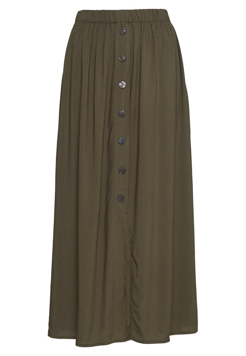 Olijfgroene maxi-rok met een elastische tailleband en zeven donkere knopen aan de voorkant. Glad, lichtgewicht stof met een vloeiende silhouet.