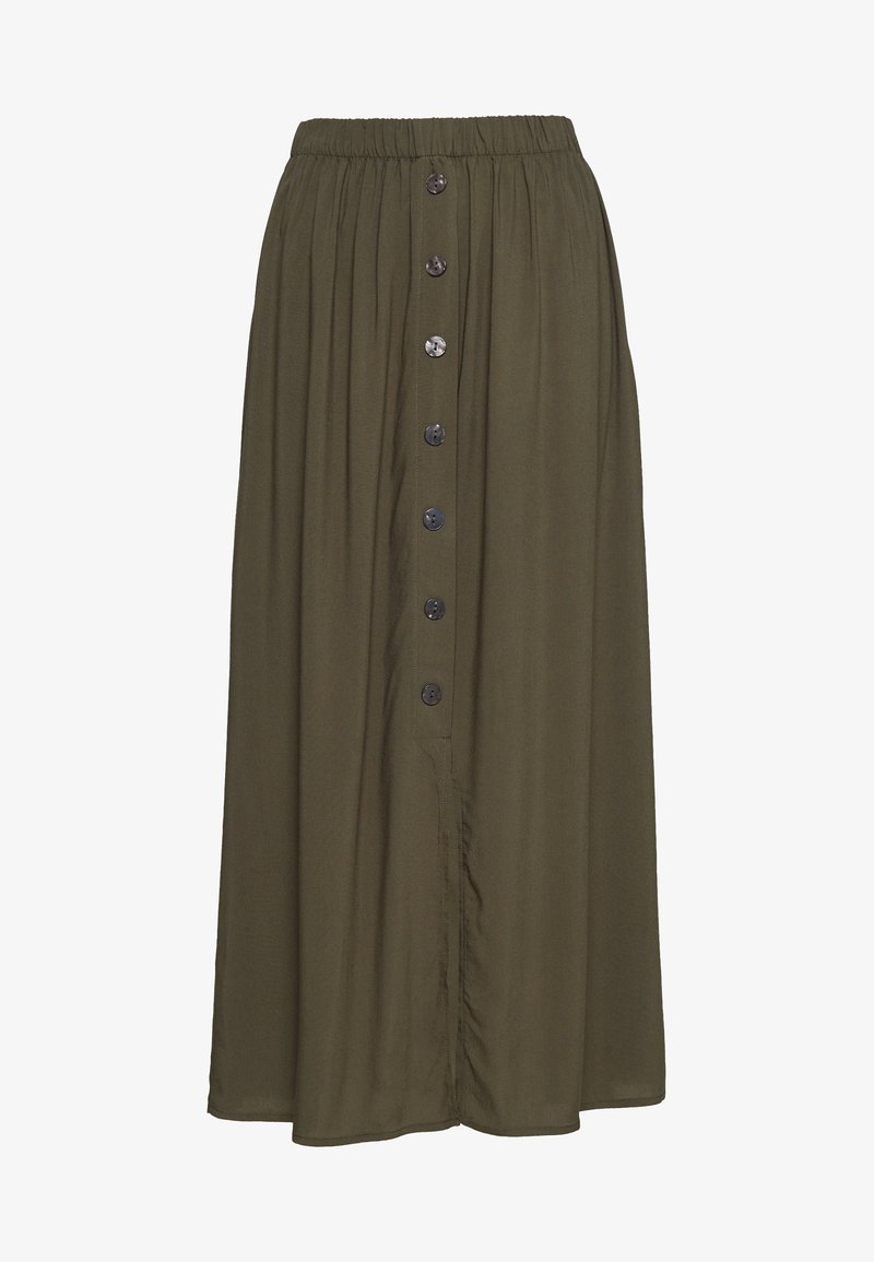 Olijfgroene maxi-rok met een elastische tailleband en zeven donkere knopen aan de voorkant. Glad, lichtgewicht stof met een vloeiende silhouet.