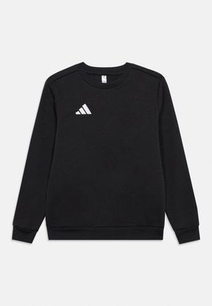 Schwarzer Sweatshirt aus weichem Stoff, mit rundem Ausschnitt und gerippten Bündchen. Zeigt ein weißes Adidas-Logo auf der oberen linken Seite.