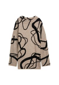 Beige neule, joka on valmistettu pehmeästä materiaalista ja jossa on mustia, abstrakteja aaltoilevia kuvioita. Ominaisuuksiin kuuluu pyöreä kaula-aukko ja rento istuvuus pitkine hihoineen.