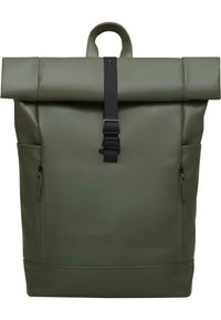 Green roll-top backpack made of durable leather-like material. Features a black buckle strap, two zippered side pockets, and embossed logo.