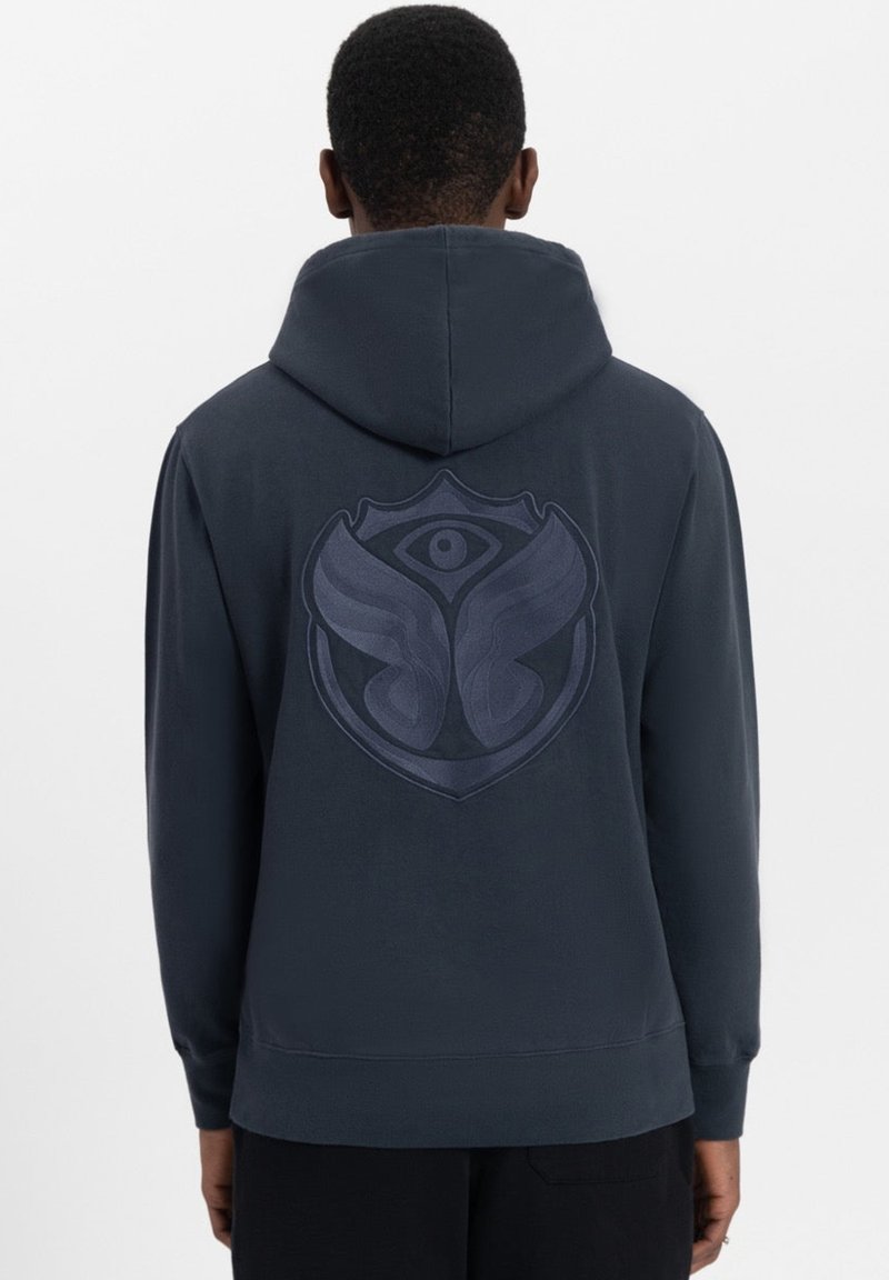 Dark gray hoodie featuring a large emblem on the back, depicting wings and an eye, with a textured fabric and ribbed cuffs.