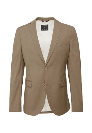 Bruine op maat gemaakte blazer met een notch-kraag, twee knopen, zijzakken en een gladde binnenvoering. Klassiek ontwerp met een gestructureerde stof.