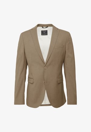 Bruine op maat gemaakte blazer met een notch-kraag, twee knopen, zijzakken en een gladde binnenvoering. Klassiek ontwerp met een gestructureerde stof.