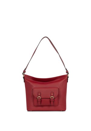 Borsa a tracolla in pelle rossa con tracolla regolabile, tasca frontale con patta chiusa da due fibbie in tonalità oro e texture liscia.